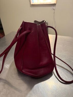 Compact Burgundy Leather Drawstring Mini Bag